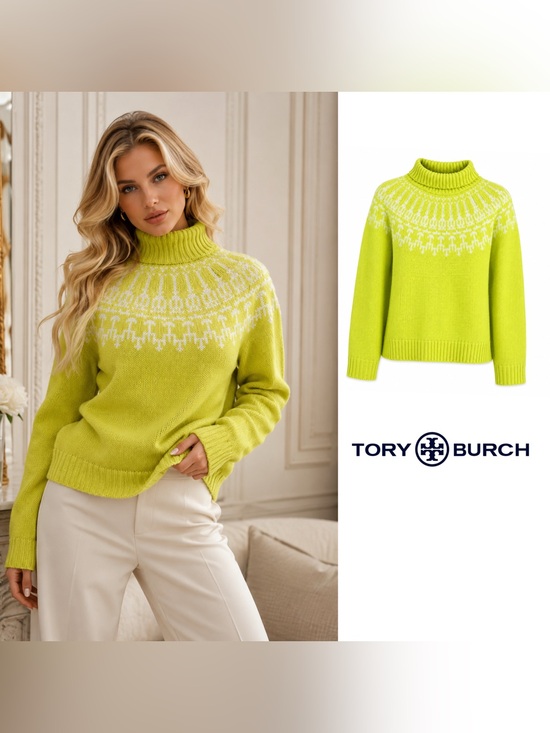 Tory Burch Sweaters - NEW Tory Burch Merino Wool Lime Fair Isle Turtleneck Sweater